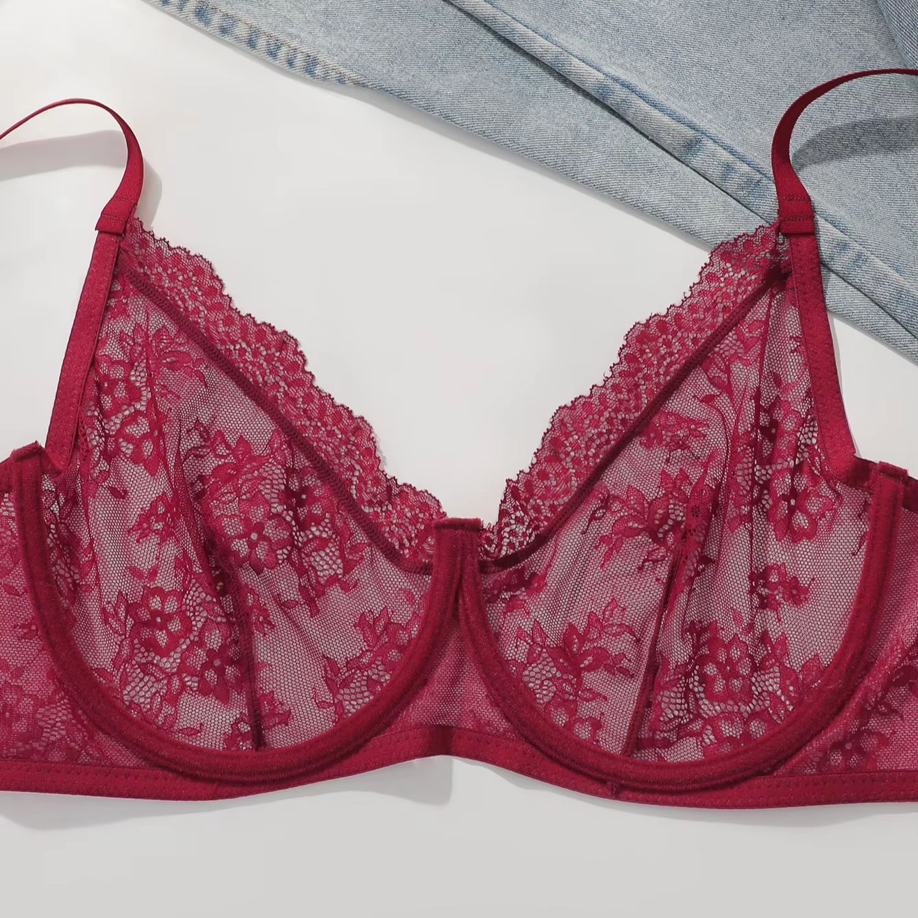 Women Plus Size Red Lace Sheer - Sheer Mesh Bra recension och pris